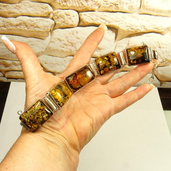 HEAVY AMBER 925 SILVER PANEL BRACELET 8", GIFT FOR HER or HIM - Picture 1 of 11